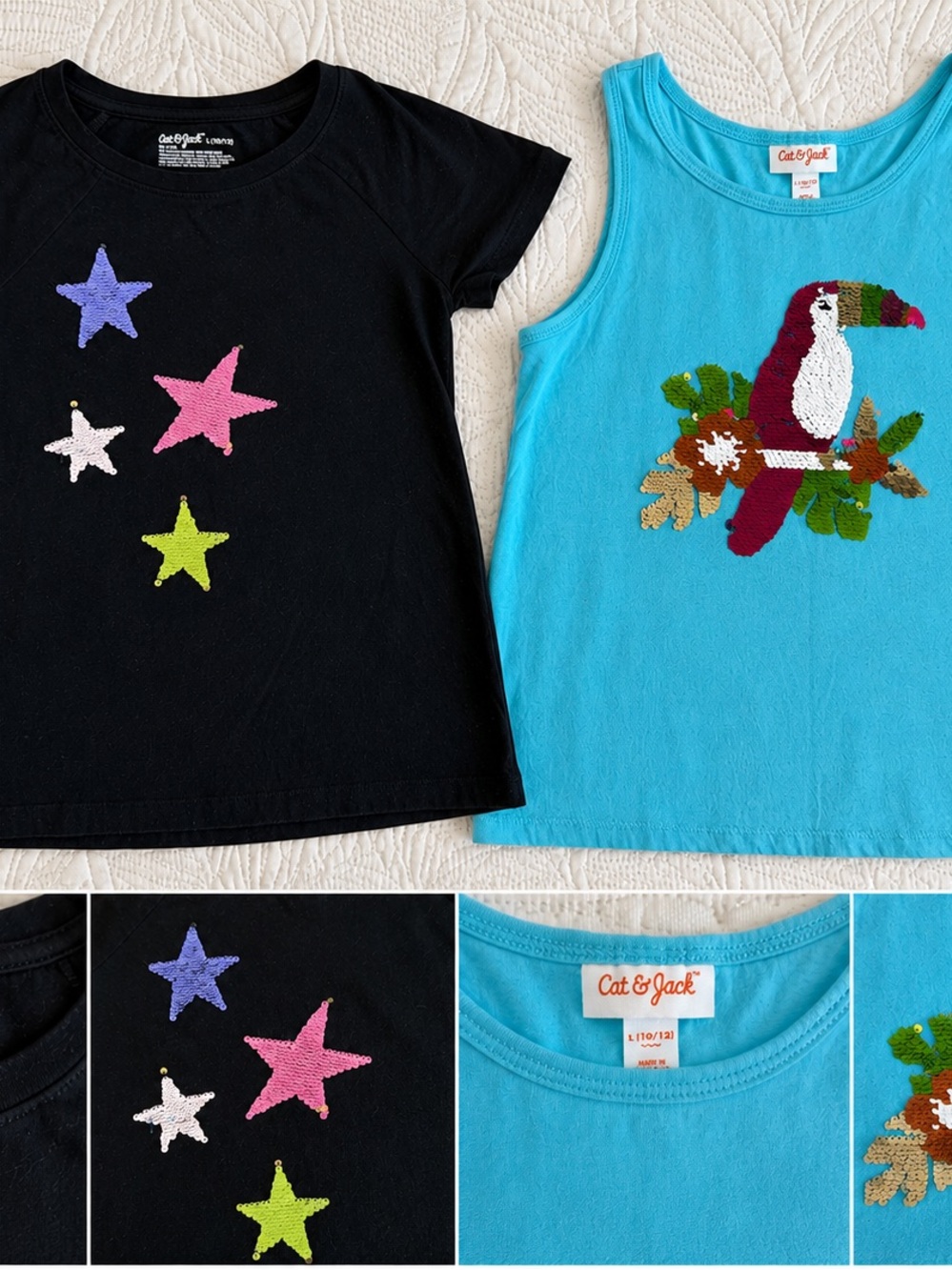 Cat & Jack Black Tee with Purple Pink White and Lime Star Appliqués